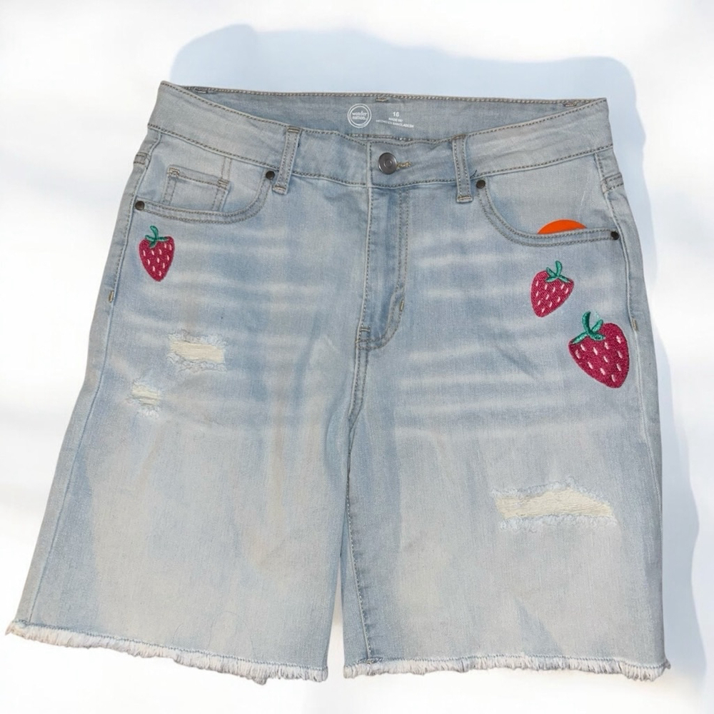 Girls Wonder Nation Denim Shorts Strawberry Size 16 Light Blue Pink